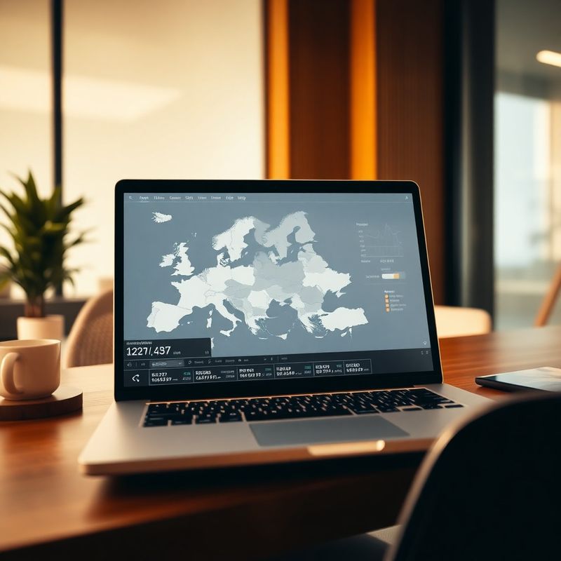 Laptop cu hartă a Europei și date financiare, într-un birou modern